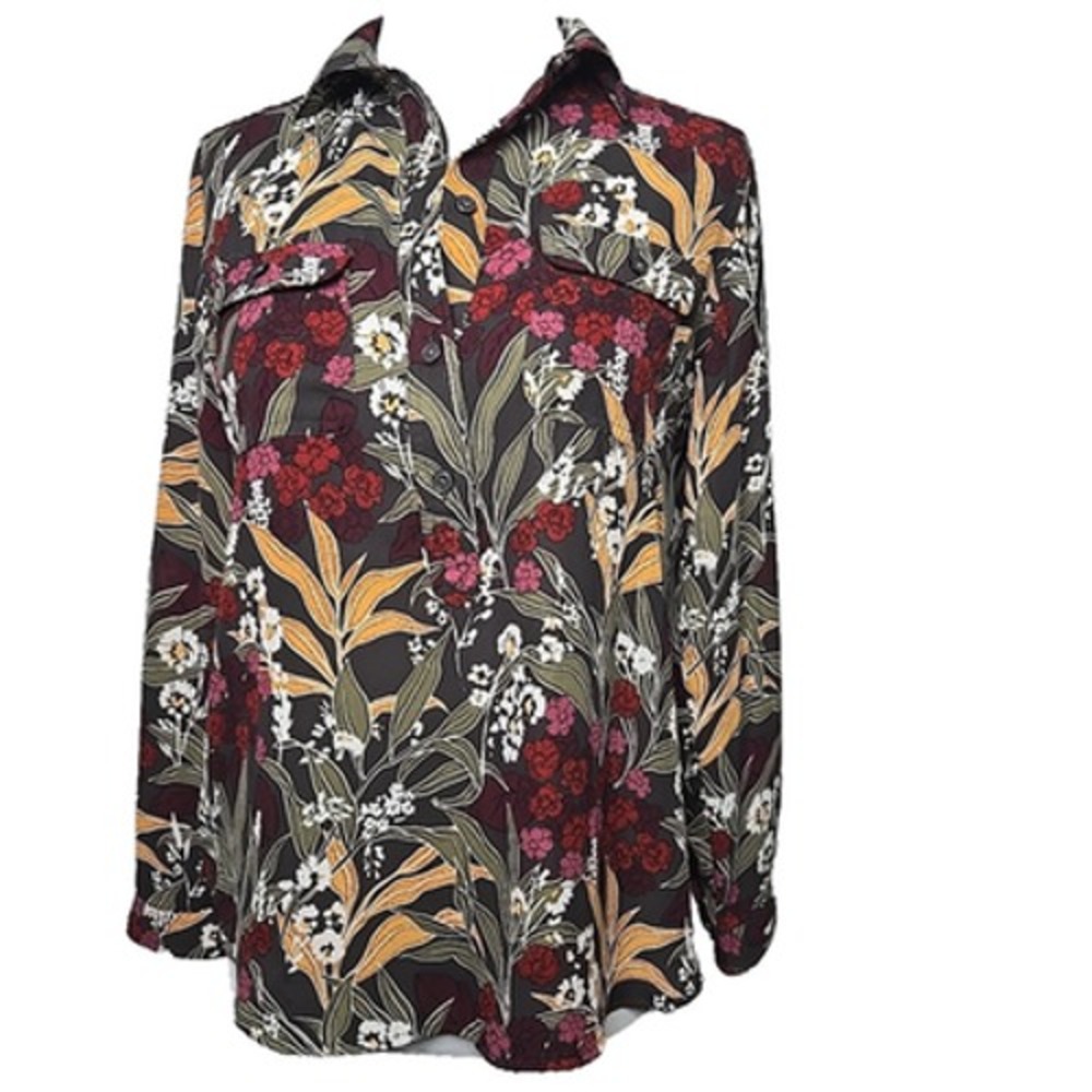 LOFT Small Petite SP Women's Long Sleeve Floral Blouse Top‎ Buttons Pockets
